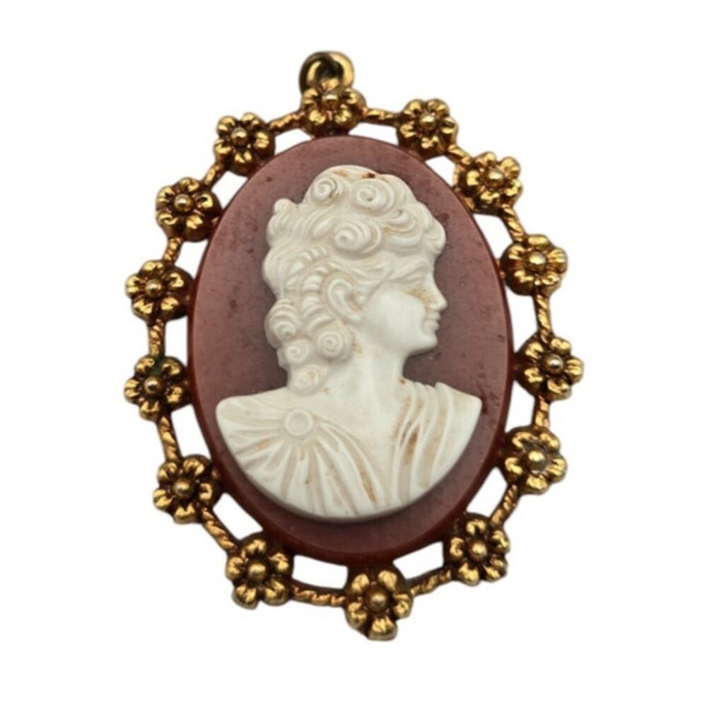 Floral Frame Cameo Vintage Gold-Tone Pendant